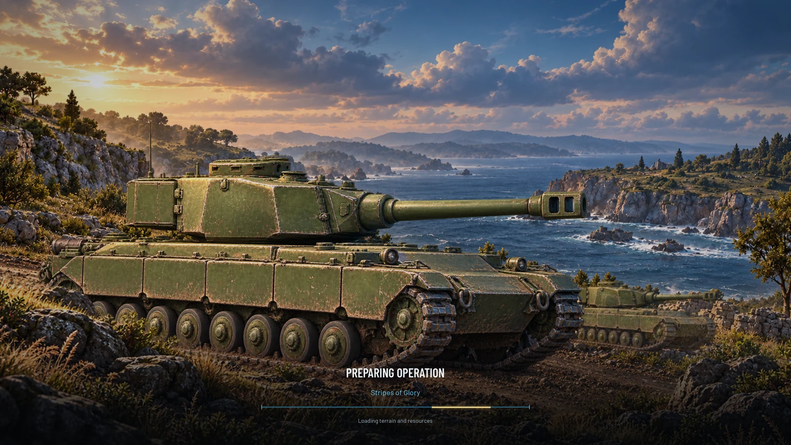 Olive heavy tanks overlooking a temperate coastline in the new Stripes of Glory loading-screen illustration