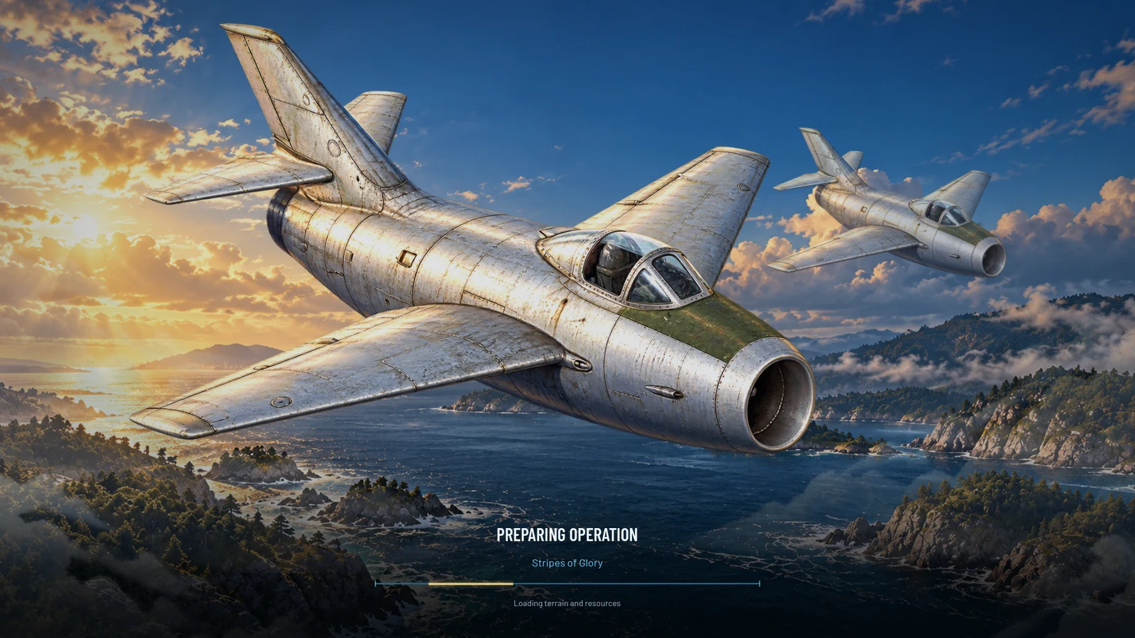 Two early jet fighters above a coast in the Stripes of Glory loading screen
