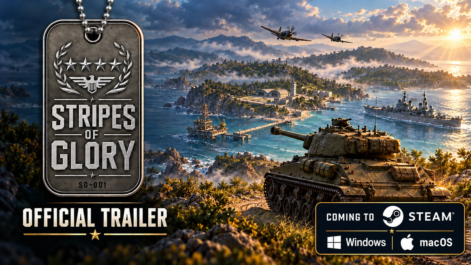Stripes of Glory official trailer cover: silver dog-tag necklace beside a coastal tank, warship and aircraft, with a Coming to Steam badge for Windows and macOS